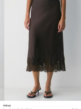 Aritzia Wilfred Chocolate Brown Midi Skirt with Lace Trim
